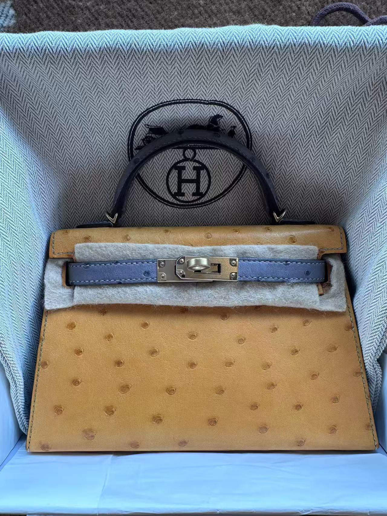 Hermès Kelly Mini Tricolore Ostrich Sesame & Gris Meyer PHW