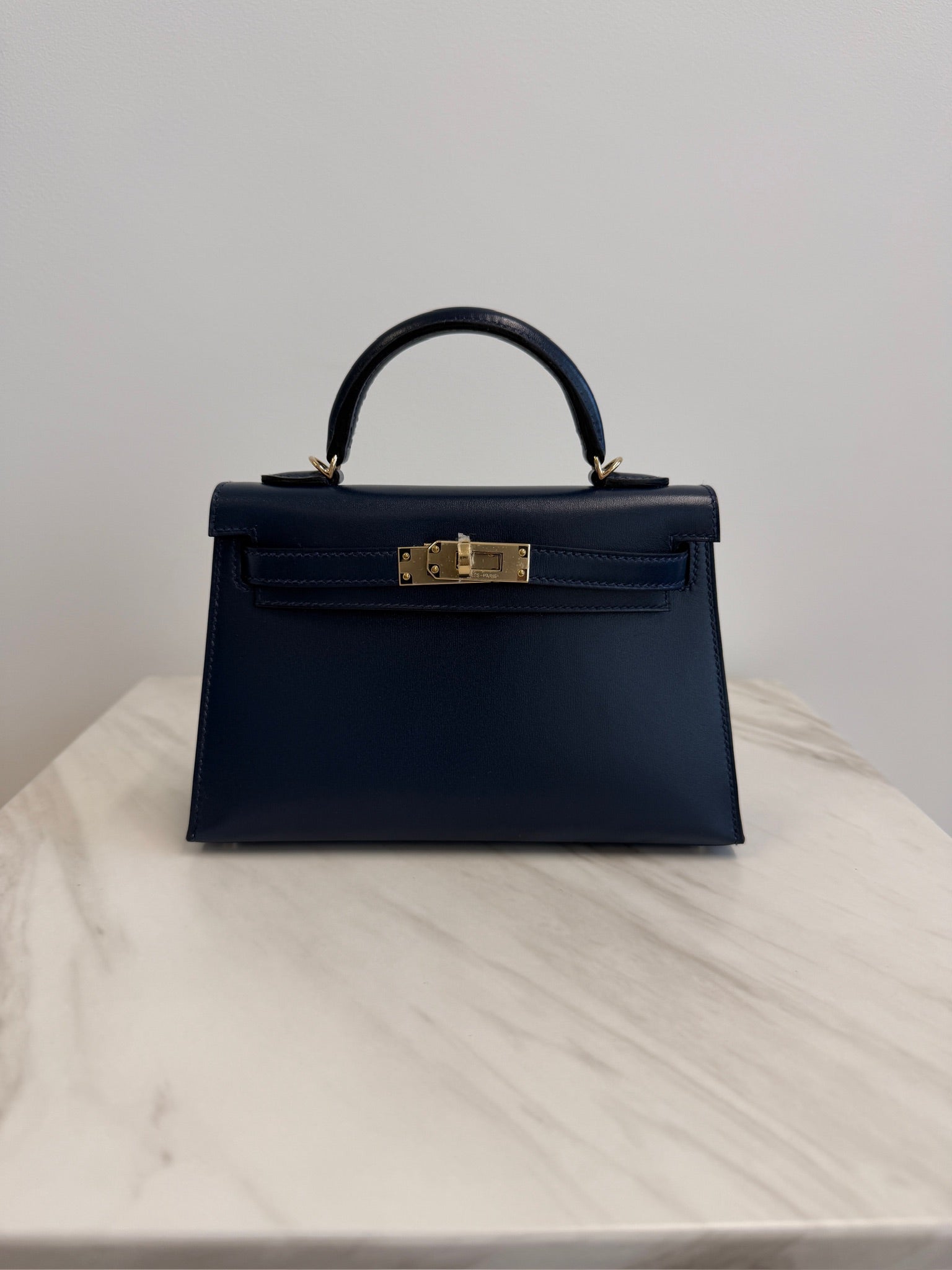 Hermès Mini Kelly Bleu Abysse Box Leather Permabrass Hardware