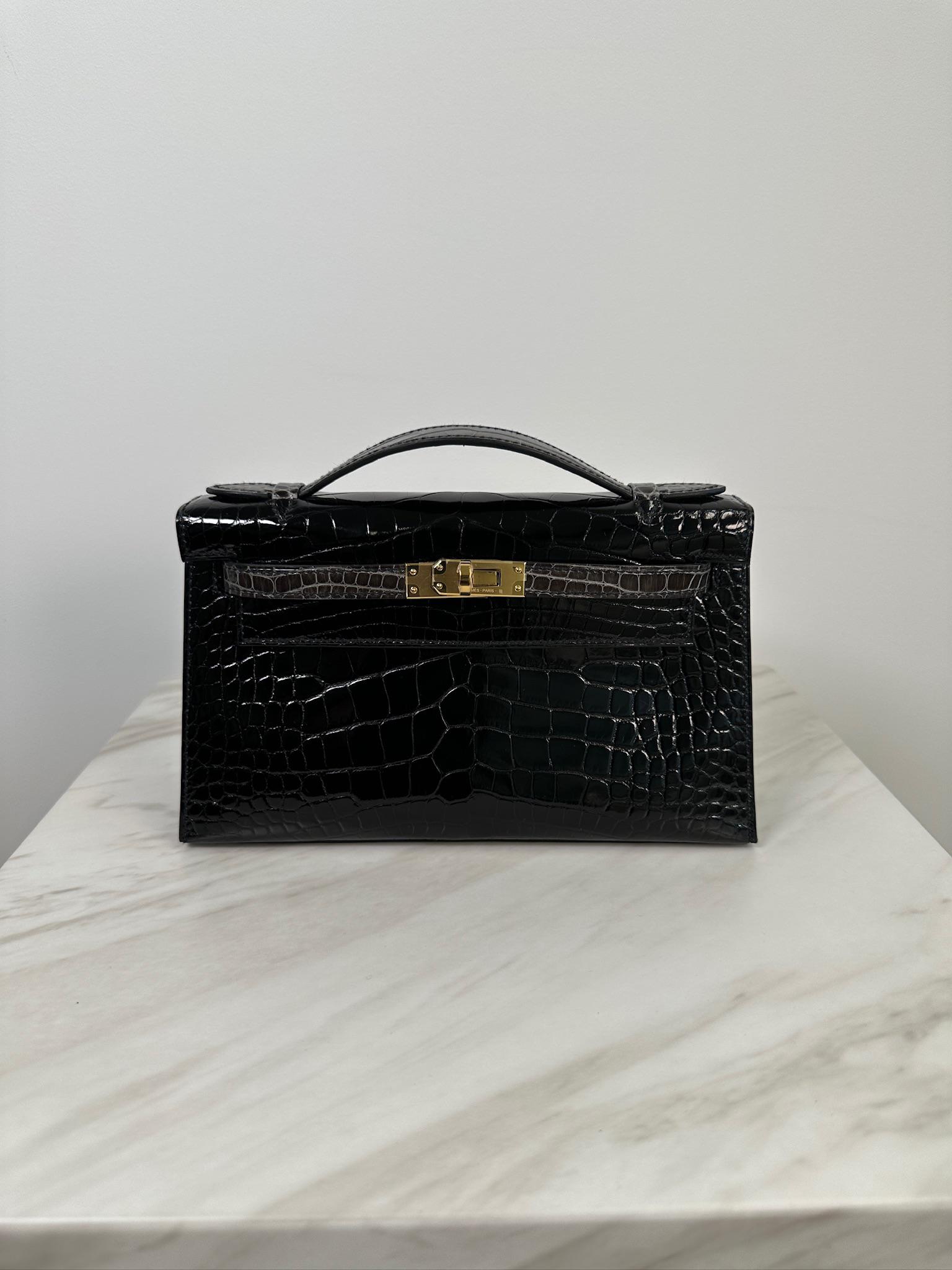 Hermès Kelly Pochette HSS Black/Graphite Shiny Alligator Gold Hardware