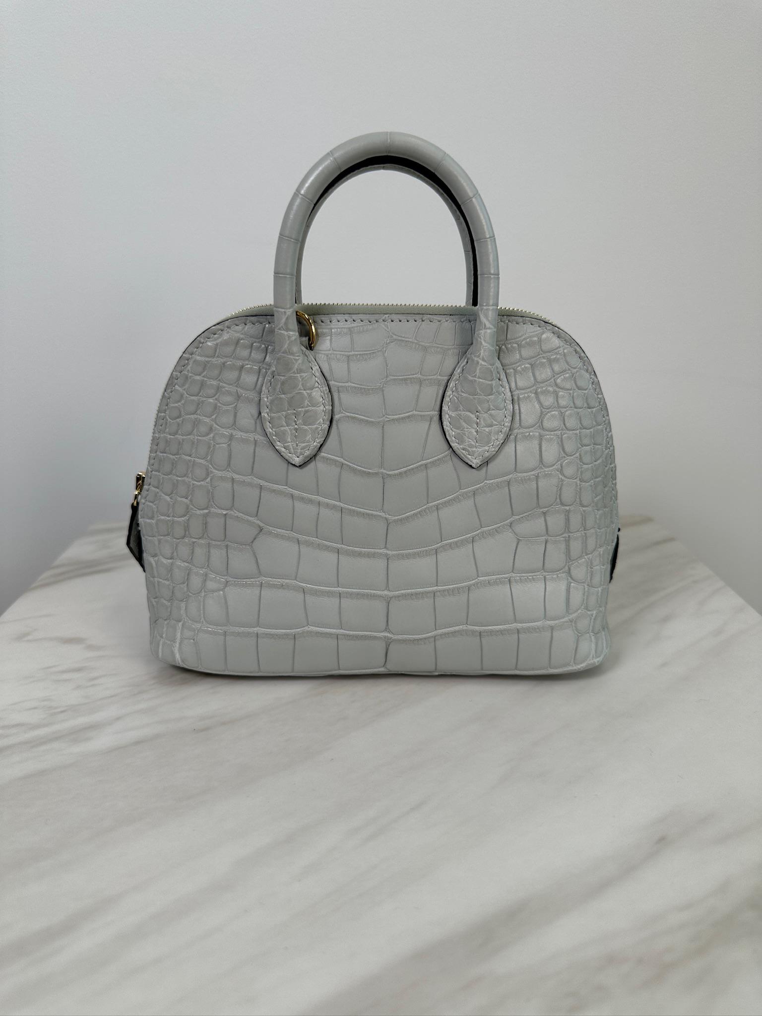 Hermès Mini Bolide Gris Neve Matte Alligator Gold Hardware