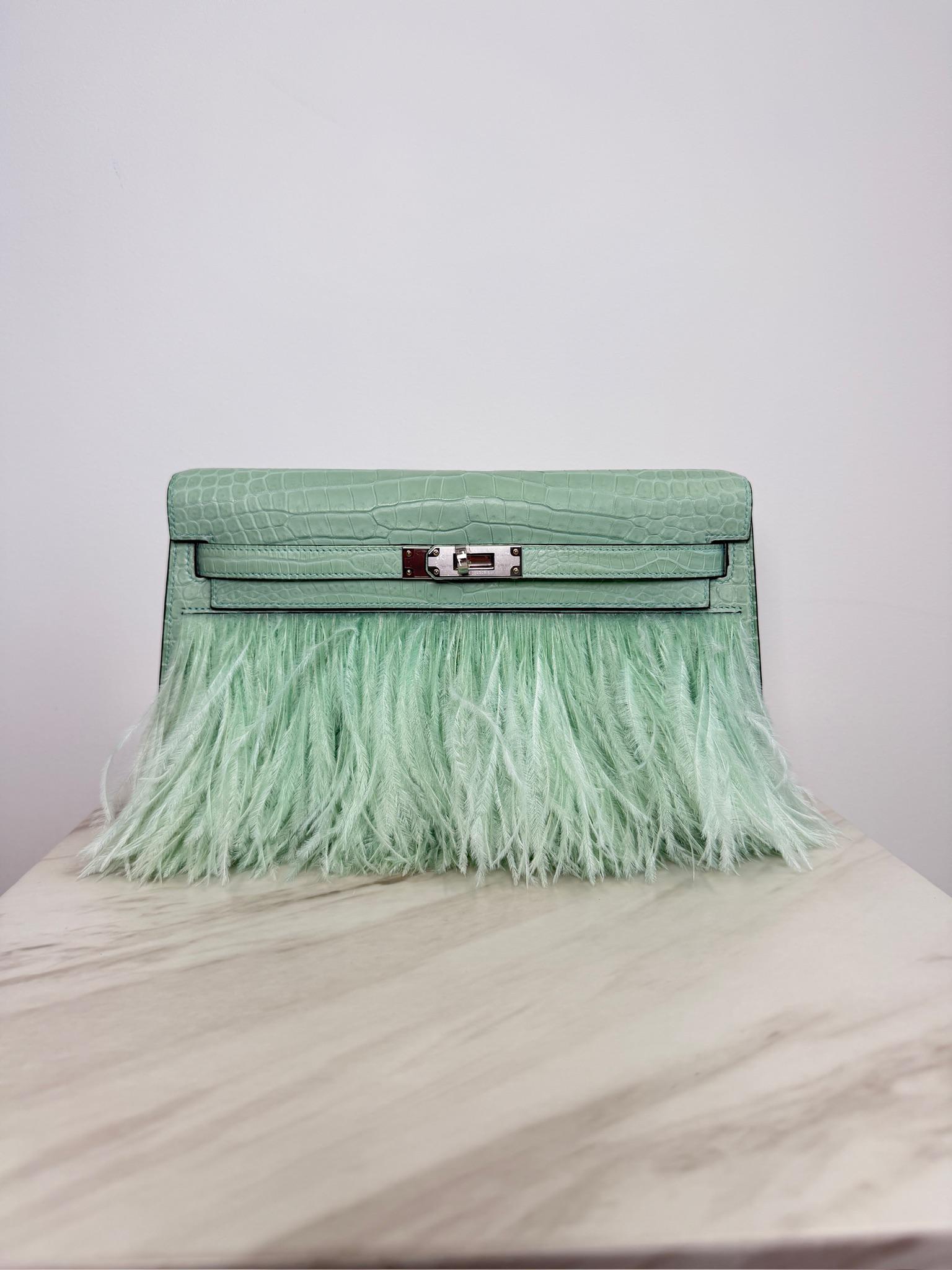 Hermès Kelly Elan Folie Vert Deau Foile Matte Porosus Palladium Hardware
